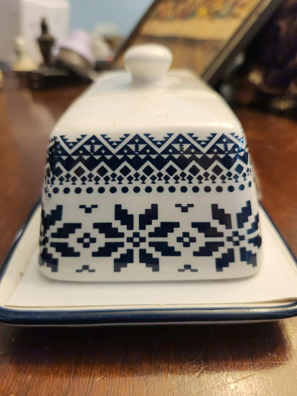 Source Unknown Blue and White Ceramic Butter Dish with Nordic Motif